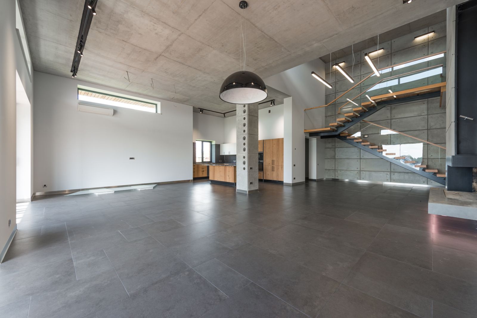 Coated floor in a finished commercial interior